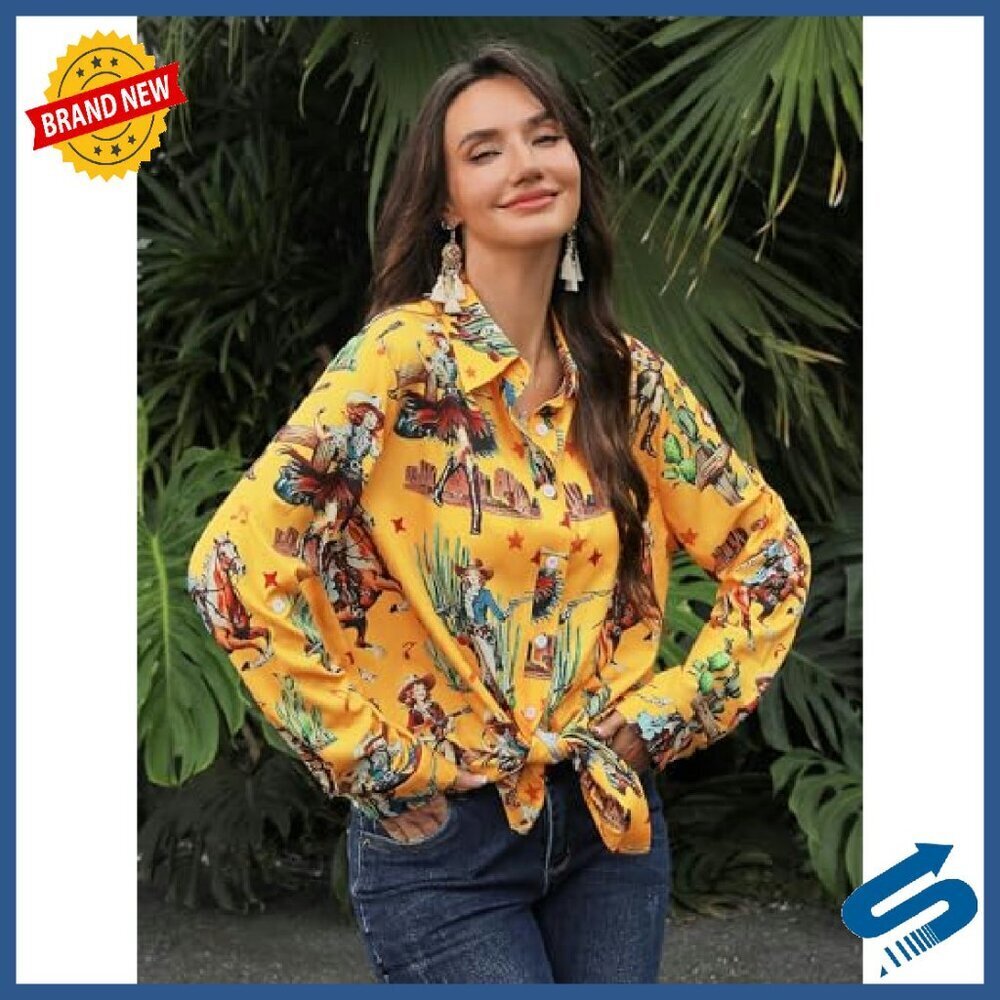 Women's Western Cowgirl Graphic Button Down Shirt 3/4 Sleeve Polyester - Picture 6 of 8